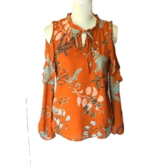 Japna Orange‎ Brown  Floral Blouse Cold Shoulder S - Picture 2 of 9